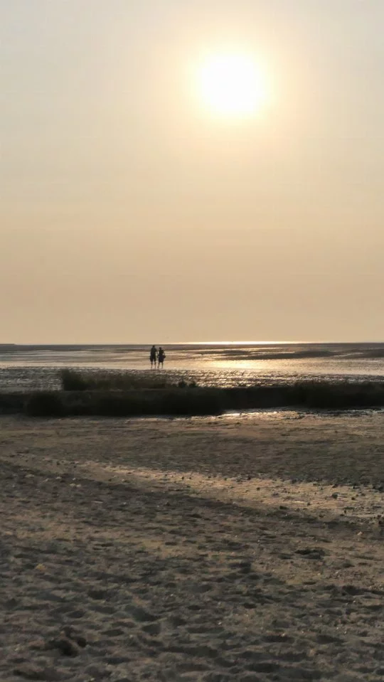 Meeresboden bei Sonnenuntergang im Weltnaturerbe Wattenmeer in Duhnen